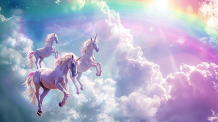 A vibrant scene as unicorns leap through clouds, with radiant sunbeams casting a rainbow across the sky.の素材