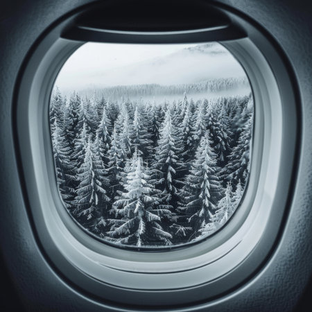 A serene snow-covered coniferous forest, a winter wonderland viewed from the cozy confines of an airplane window.の素材