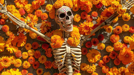 A colorful sugar skull skeleton celebrates Dia de los Muertos surrounded by bright orange marigold flowers.の素材