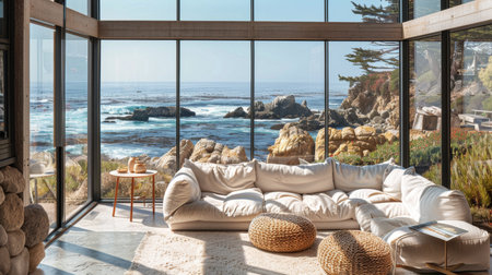A cozy, sunlit living room that boasts an impressive view of the ocean and rugged coastline through full-length glass windows.の素材