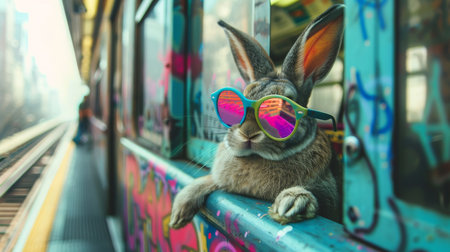 A cool rabbit wearing vibrant sunglasses casually rides a graffiti-covered train, adding a whimsical twist to urban commute.の素材