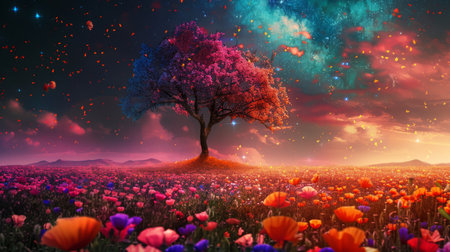 A tree with vividly colored leaves stands in a field of flowers against a stunning cosmic sky with stars and nebulae.の素材