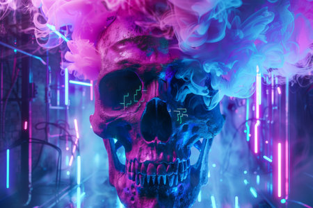 A cyberpunk-inspired skull with vibrant pink and blue neon lights and digital vapor, suggesting futuristic technology and virtual reality themes.の素材