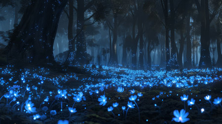 A captivating scene of an enchanted forest bathed in the glow of mysterious blue flowers under the cover of twilight.の素材