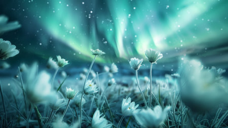 The mesmerizing dance of the aurora borealis in the night sky above a serene field of delicate white flowers.の素材