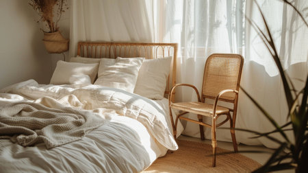 Inviting bohemian bedroom with warm sunlight filtering through sheer curtains, rattan chair, and woven wall decor.の素材