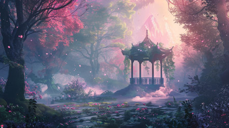 A tranquil pavilion sits amidst a mystical forest bathed in pink hues, with magical lights floating through the misty air.の素材