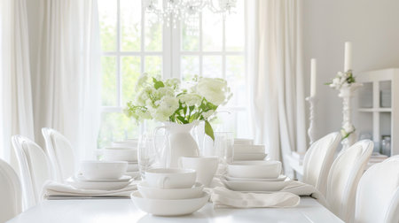 A bright dining room setup with a white tablecloth, porcelain dishes, and a vase with fresh flowers, bathed in natural light.の素材