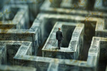 Conceptual image of a businessman standing in a labyrinth constructed from dollar bills, representing the complexities of financial navigation.の素材