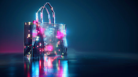 Glowing neon shopping bag made of digital pixels on a reflective surface conveying a high-tech shopping conceptの素材