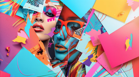 Colorful Collage of a Woman with Abstract Geometric Shapes and Dynamic Visual Elementsの素材
