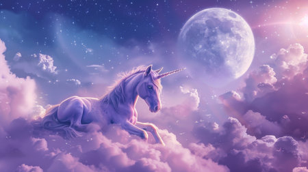 Serene Unicorn Resting on Clouds Under a Starry Sky with a Full Moon Above, Watercolorの素材