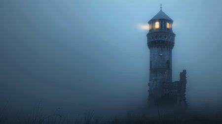 Lone Tower Illuminated in the Misty Haze of a Mysterious Night Landscapeの素材