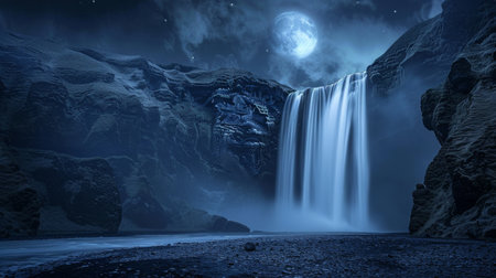Moonlit Waterfall in a Serene Nocturnal Landscape with Stars Twinkling in the Sky Aboveの素材