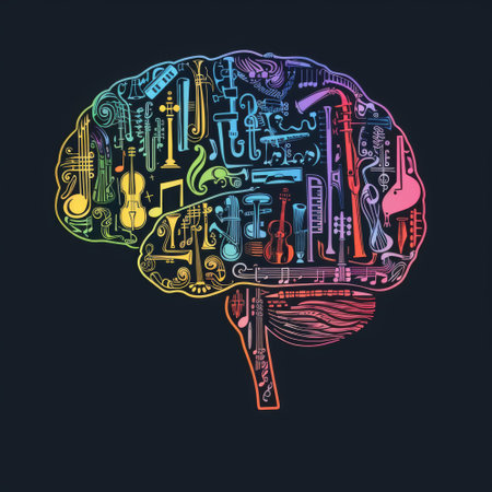 Artistic brain outline filled with colorful musical instruments, representing the connection between music and cognitive processesの素材