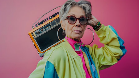 A confident and energetic senior Caucasian woman confidently wears a neon colored tracksuit and large hoop earrings holding a vintage boombox on her shoulder She exudes a playful youthful spirit andの素材