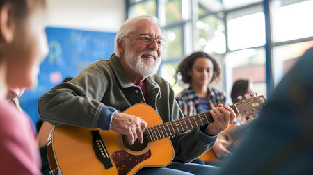 An elderly gray haired man with a beard is sitting on a chair and playing an acoustic guitar while a group of teenagers sit around him watching and learning The scene takes place in a communityの素材