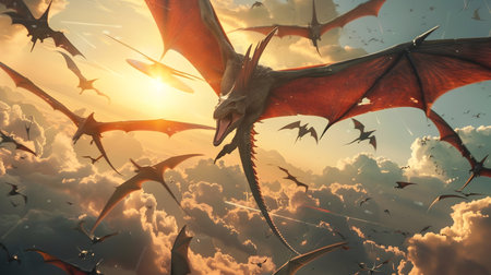 The image depicts a dramatic aerial battle scene unfolding in the sky at dusk Silhouetted against the vibrant fiery sunset a group of aggressive prehistoric Pteranodon like creatures are engaged inの素材