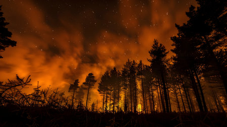 The image depicts a dramatic and intense forest fire scene with the sky aglow with fiery embers and thick billowing smoke Tall trees are engulfed in flames creating a chaotic and powerful visual Theの素材