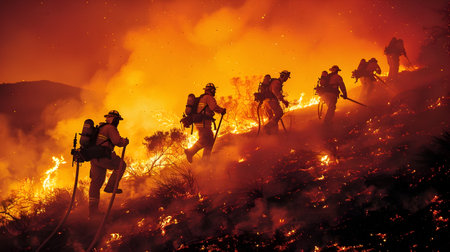 A group of determined firefighters are seen working tirelessly to create a firebreak in an attempt to control and contain a rapidly spreading intense wildfire Navigating the perilous smoke filledの素材
