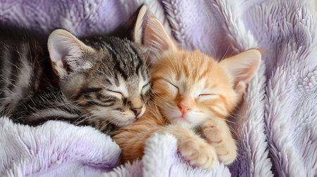 A sweet scene of two kittens one silver tabby and one golden hugging each other while sleeping on a soft lavender colored blanket The image has a soft focus highlighting the delicate whiskers andの素材