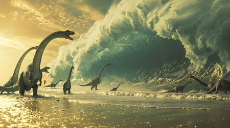 This dramatic scene depicts a group of diverse dinosaurs including a towering Brachiosaurus and nimble Velociraptors scrambling for safety as a colossal wave crashes onto the shore The powerfulの素材