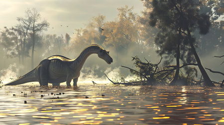 A captivating prehistoric landscape depicts a large dinosaur silhouetted against the misty dawn or dusk sky standing in a partially flooded river or lake The rushing waters and reflections create aの素材