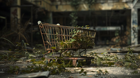 The image depicts an abandoned rusty shopping cart that has been overtaken by vines and overgrown vegetation set against the backdrop of a dilapidated deserted mall in a post apocalyptic world Theの素材