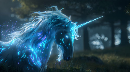 This captivating image depicts a majestic unicorn with a vibrant glowing neon blue and white mane its eyes sparkling with a celestial radiance in the darkness of a mystical forest The unicorn sの素材