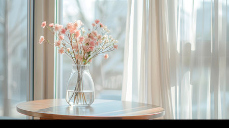 This image depicts a beautiful and serene still life scene featuring a simple glass vase filled with delicate pastel hued flowers positioned on a sleek modern wooden table The table is situated by aの素材