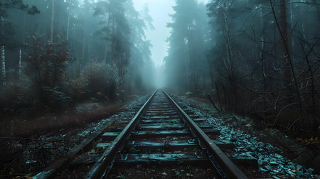 A haunting scene of an abandoned overgrown railway track winding its way through a dense misty forest The atmosphere is shrouded in an eerie mysterious haze creating a sense of isolation andの素材