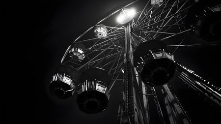 A towering Ferris wheel stands tall amidst the urban landscape its intricate metal structure casting a striking silhouette against the dark night sky The cabins sway gently in the cool breeze whileの素材