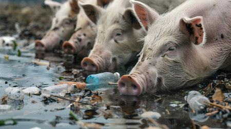 This image depicts farm animals likely pigs drinking from a pond filled with microplastic particles The scene highlights the growing issue of environmental pollution as these microplastics can leadの素材