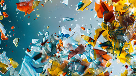 This visually striking and abstract image represents a highly magnified scientific visualization of the destructive breakdown and release of toxins from microplastic particles The scene is a chaoticの素材