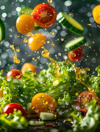 This visually striking image captures a colorful and dynamic salad suspended in the air The fresh lettuce juicy tomatoes and crisp cucumbers are surrounded by glistening droplets of salad dressingの素材