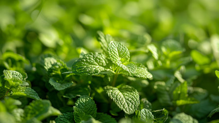 This captivating image showcases a serene meadow filled with a vibrant carpet of mint green grass and fluttering mint leaves The air is alive with the refreshing fragrance of peppermint creating aの素材