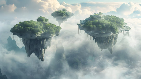 This striking aerial view depicts a fantastical scene of serene floating islands suspended in the misty cloudy sky of an alien world The islands are connected by natural rock bridges that archの素材