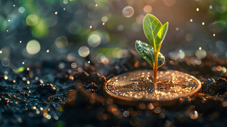 A close up view showcases a young plant or seedling sprouting from the surface of a copper coin surrounded by glistening morning dew drops This image symbolizes the concept of new life growth andの素材