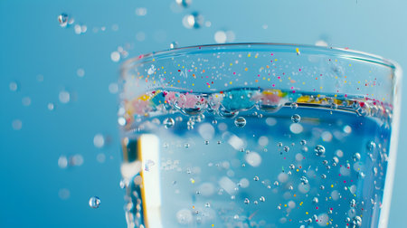 This close up image showcases a glass of clear drinking water with tiny microscopic microplastic particles visibly floating within it The minimalist blue tinted background emphasizes the transparencyの素材