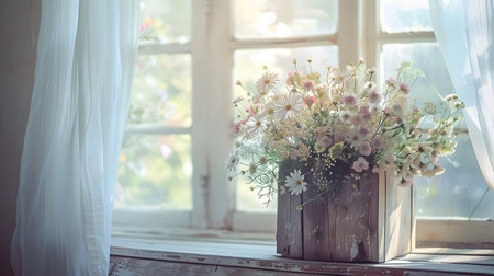 This image captures a serene and elegant still life scene featuring a delicate bouquet of pastel hued flowers arranged in a rustic wooden crate The crate is placed atop a distressed farmhouse styleの素材