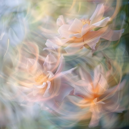 This image depicts a captivating and ethereal natural scene featuring a cascade of soft pastel hued flower petals drifting and dancing in a mesmerizing motion blur The fleeting beauty of the flowersの素材