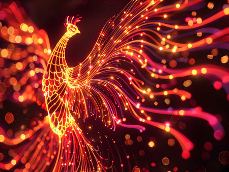 A stunning digital artwork depicting a magnificent phoenix bird made of swirling neon lights in a spectrum of vibrant reds oranges and yellows The mythical creature rises majestically against a darkの素材