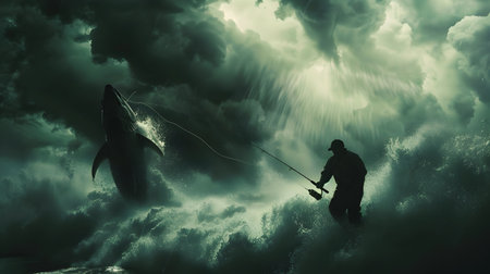 A dramatic silhouette of a lone fisherman engaged in a perilous struggle with a massive fish set against a backdrop of towering ominous storm clouds and turbulent churning waves The scene capturesの素材