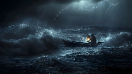 A lone fisherman battles the raging storm his small boat tossed by the towering waves as he struggles to land a sizable catch The dramatic scene is illuminated by the solitary glow of a lanternの素材