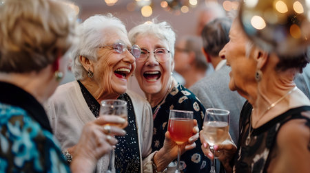 A group of elderly friends is gathered together laughing and raising their cocktail glasses in a celebratory mood The scene is illuminated by a glittering disco ball casting sparkling reflectionsの素材