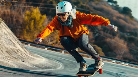 A senior individual clad in bright safety gear skillfully navigates a high speed downhill skateboarding run amidst a rugged natural landscape The image captures the thrill and adrenaline of thisの素材