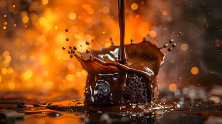 This dynamic image captures the dramatic moment when a freshly baked chocolate lava cake hits the ground unleashing a mesmerizing eruption of molten chocolate that splashes upwards against a vibrantの素材