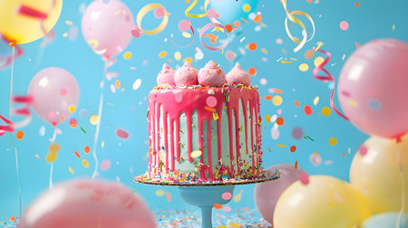 A vibrant and whimsical birthday cake takes center stage adorned with a bubblegum pink frosting and sprinkled with a flurry of colorful confetti Surrounding the cake are a myriad of playful balloonsの素材
