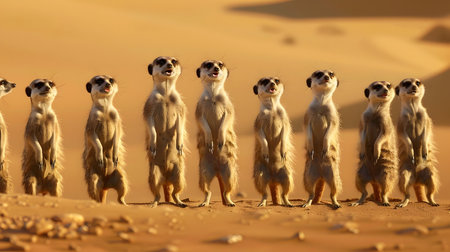 A captivating depicting a group of meerkats standing upright in a desert setting each one seemingly singing a different note to create a harmonious choir The meerkats with their adorable features andの素材