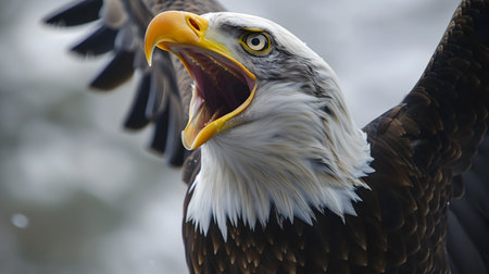 This captivating image depicts a magnificent bald eagle soaring high in the sky its powerful wings outstretched and its piercing gaze fixed on the horizon The eagle s fierce expression and sharpの素材